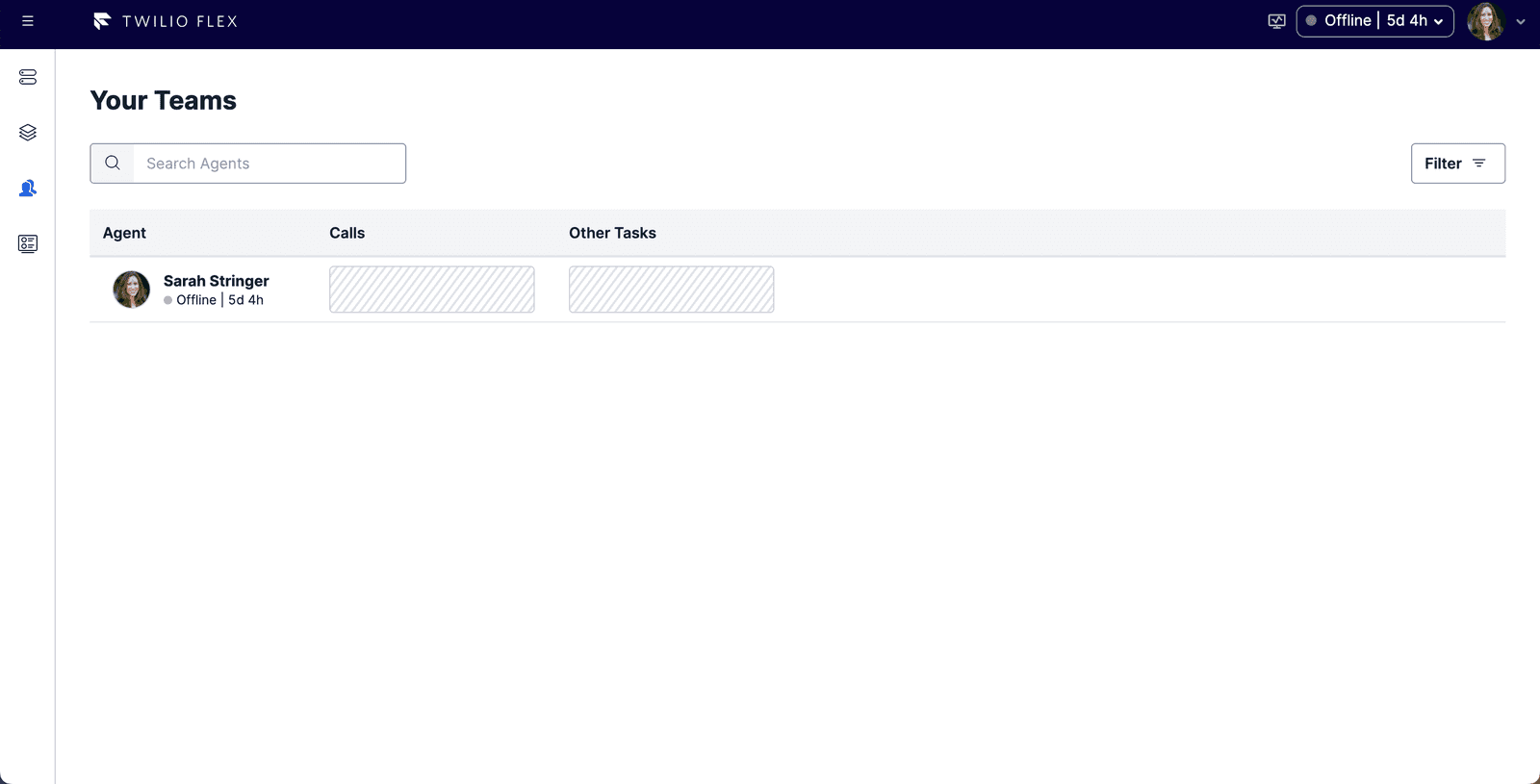 Teams view showing one offline agent with no active calls or tasks.