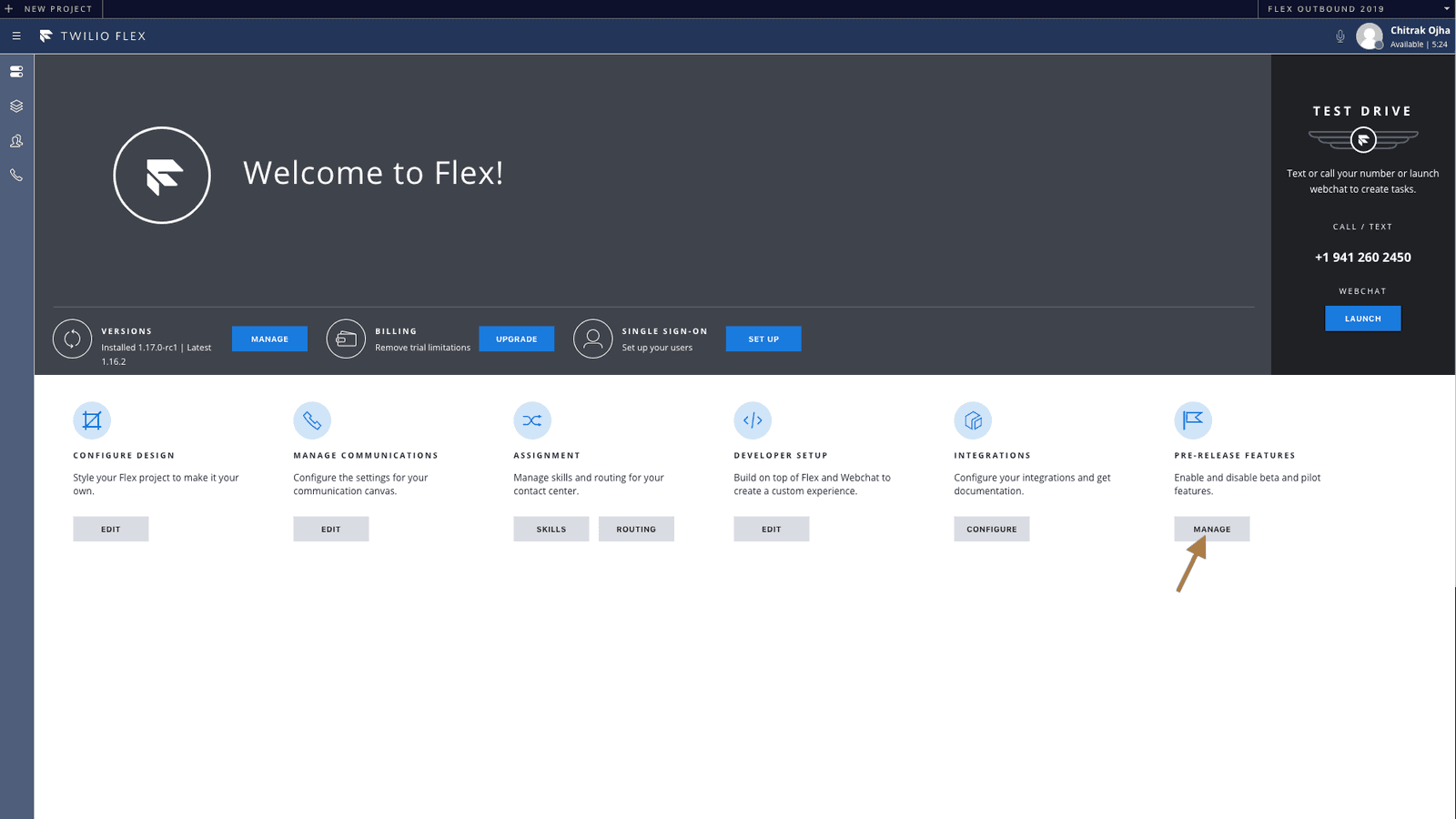 The Flex Admin View with an arrow pointing to a button labeled 'manage' for pre release features.