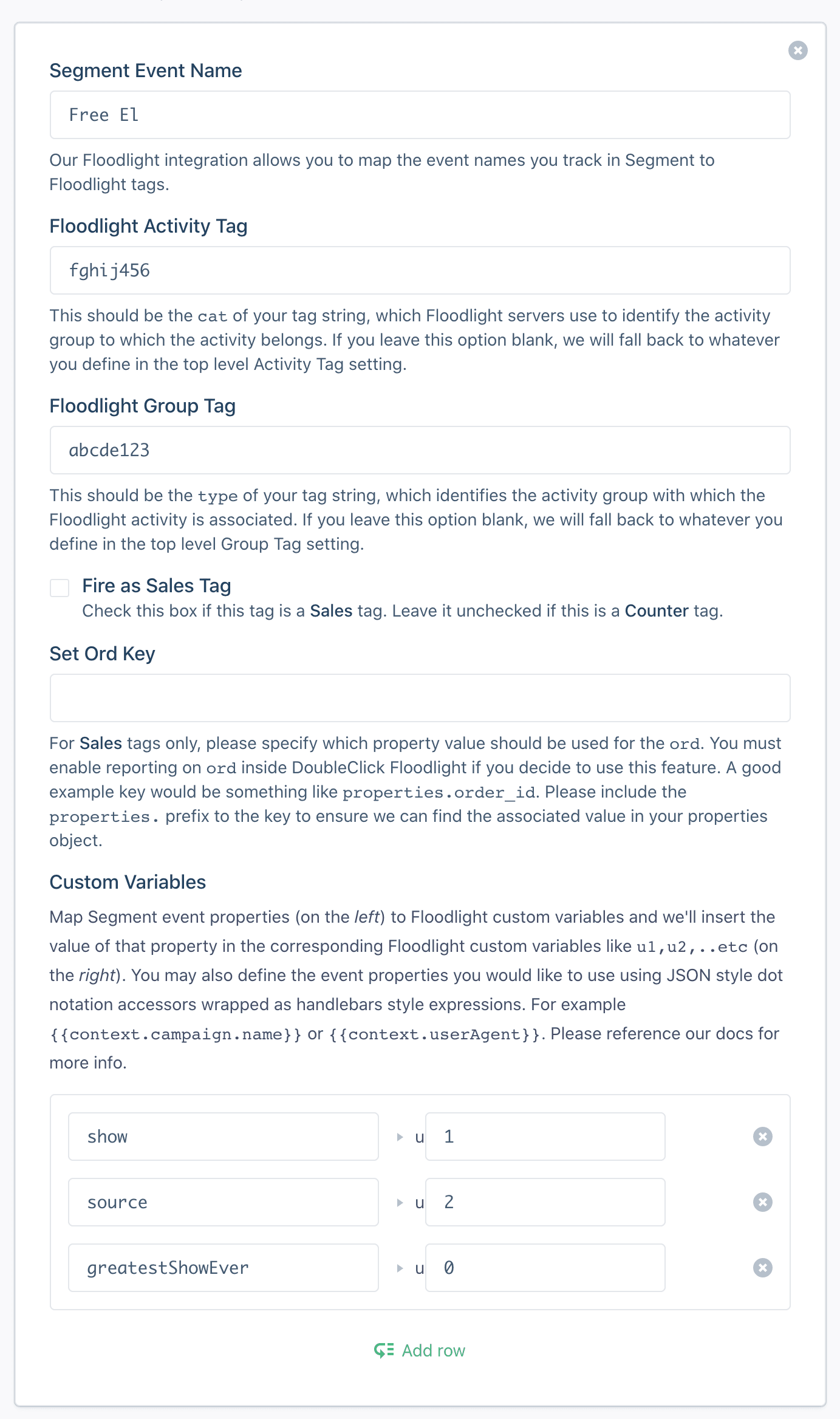 Floodlight tag settings with fields for segment event name, activity tag, group tag, and custom variables.