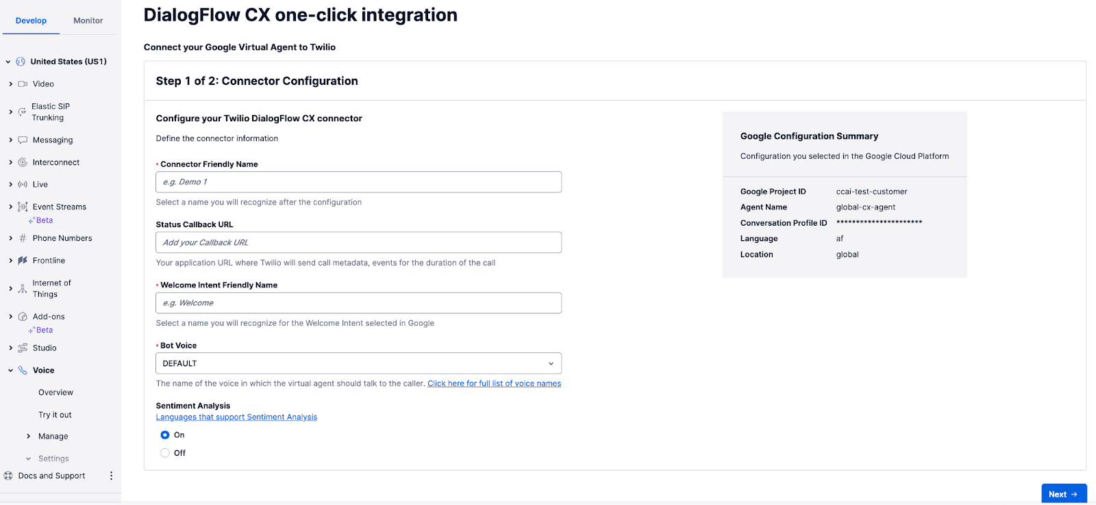 Twilio Console showing Dialogflow CX connector configuration with fields for connector name, callback URL, and bot voice.