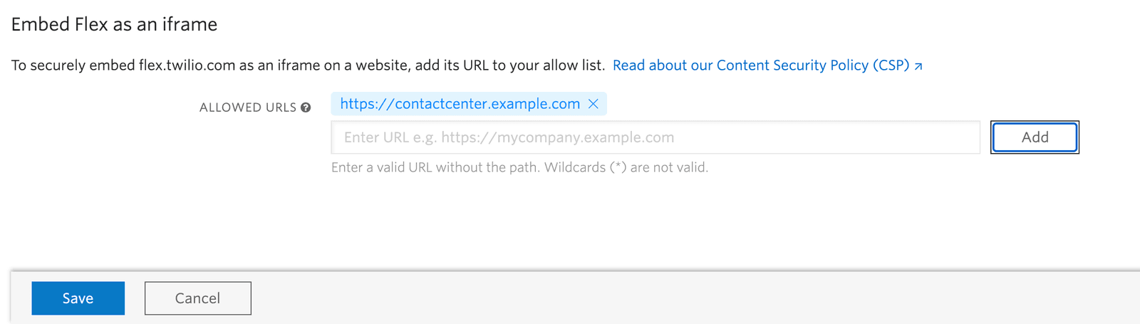 Embed Flex as an iframe with allowed URL input and save options.
