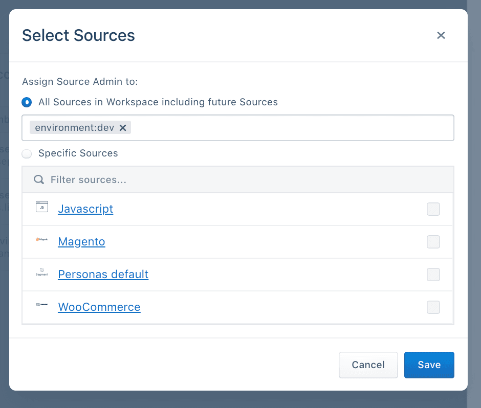 Select Sources popup with 'All Sources in Workspace' option selected and sources list including two test sources.