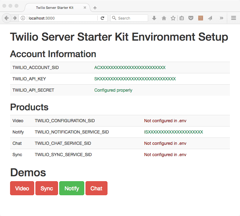 Twilio SDK Starter Home Screen.