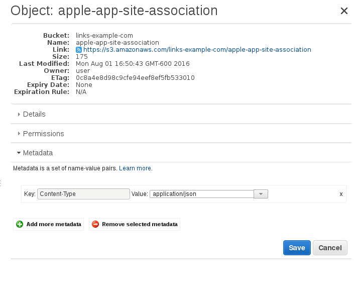 S3 object details for apple-app-site-association with metadata content type application/json.