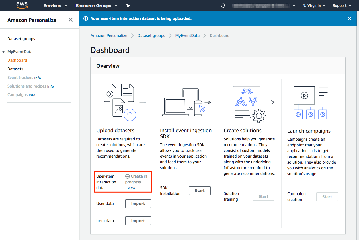 Amazon Personalize dashboard showing user-item interaction dataset creation in progress.