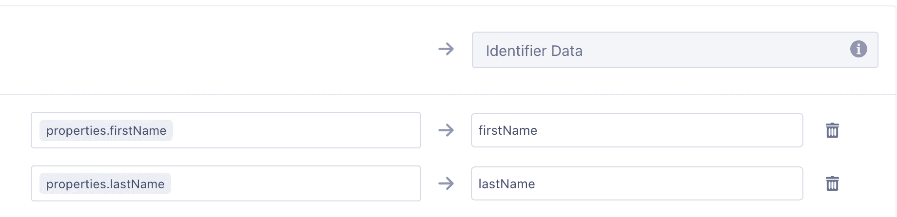 Mapping properties.firstName and properties.lastName to firstName and lastName under Identifier Data.