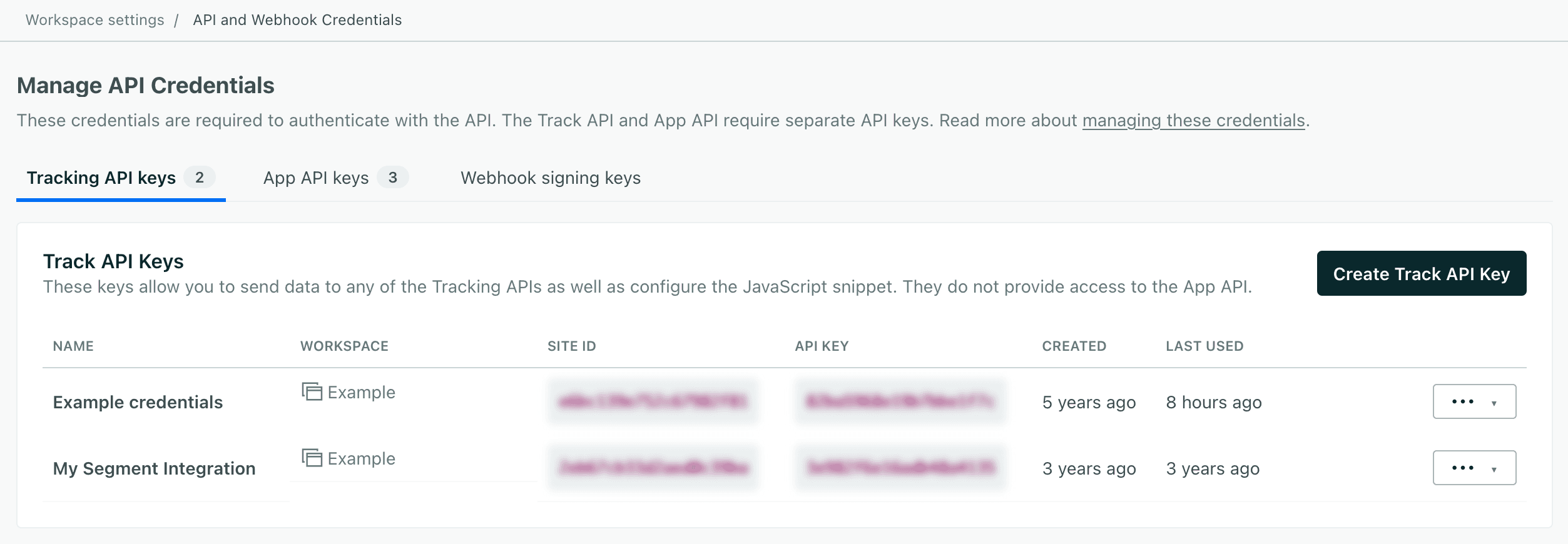 Customer.io interface showing tracking API keys with options to create new keys.
