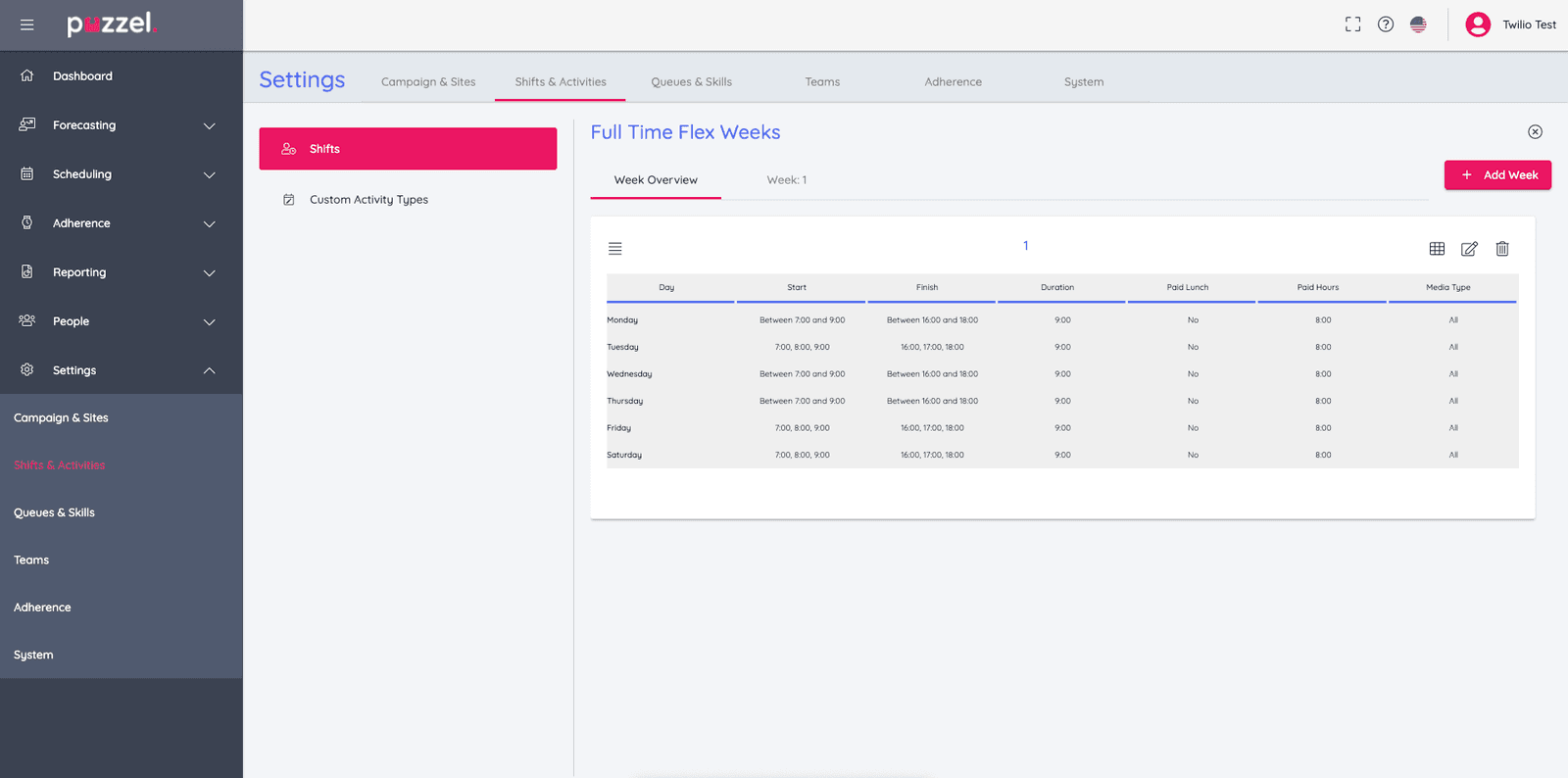 Puzzel WFM week overview showing shifts for full-time flex weeks, including start and finish times, duration, and paid hours.