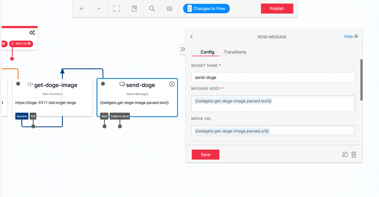 Define the configuration of the Send Message widget using liquid template values from the Run Function output.