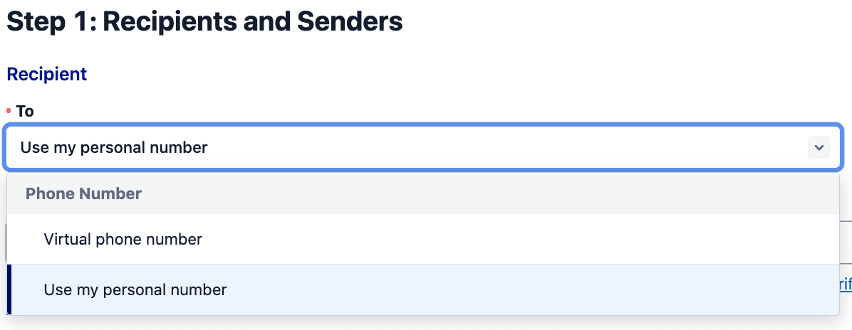 VPhone recipient options include personal PN.