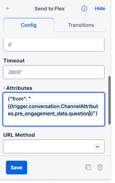 Send to Flex widget with user question in chat attributes.