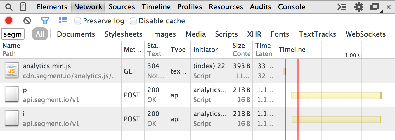 Network tab showing GET and POST requests to segment.io with status codes and timings.