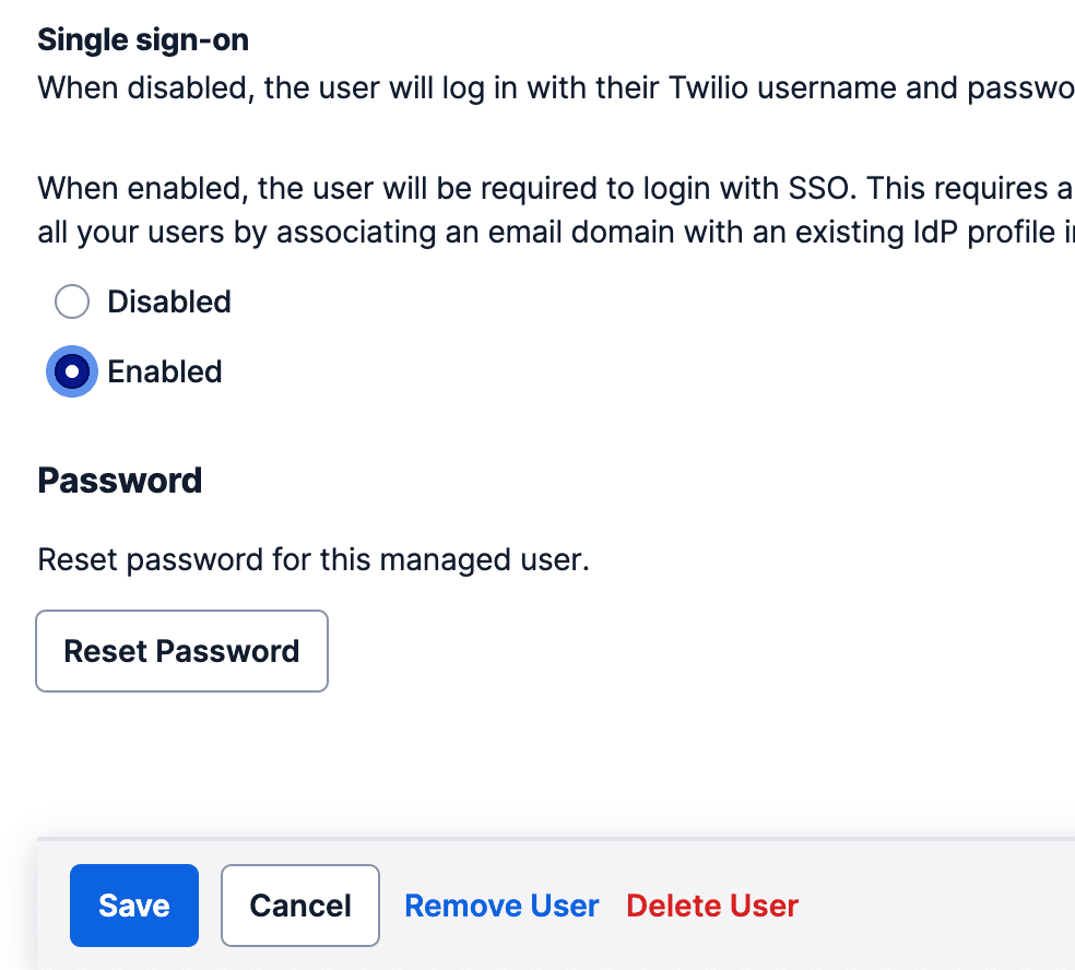 Single sign-on enabled with options to save, cancel, remove, or delete user.