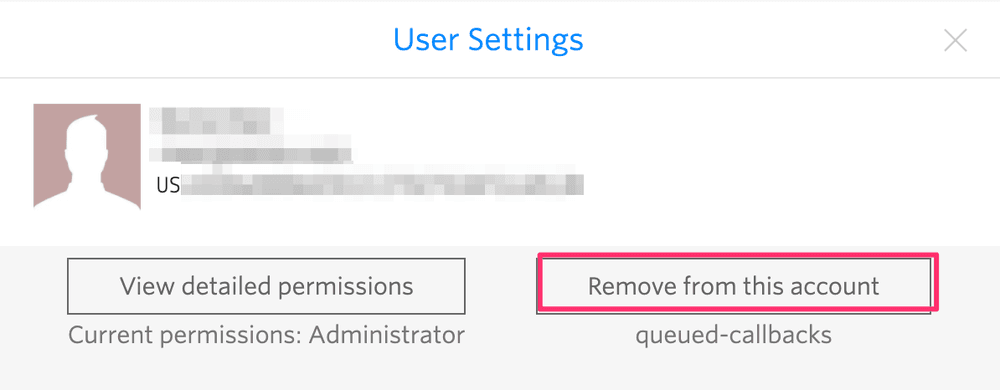 User settings with remove from account button highlighted.