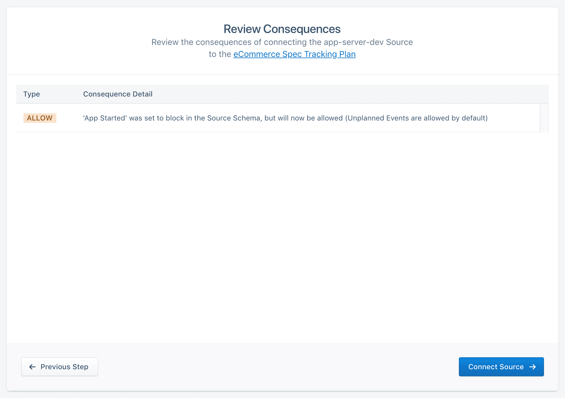 The Review Consequences page, depicting one event type and the consequences of allowing that event.