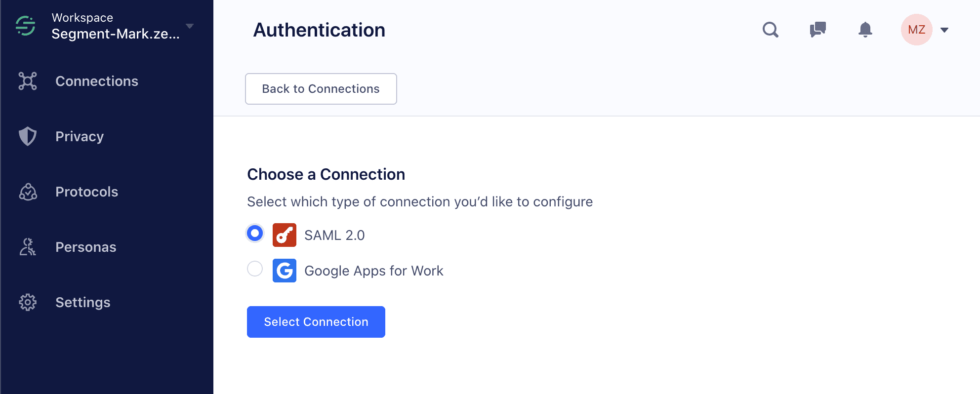 The Choose a Connection page, with SAML 2.0 and Google Apps for Work options.