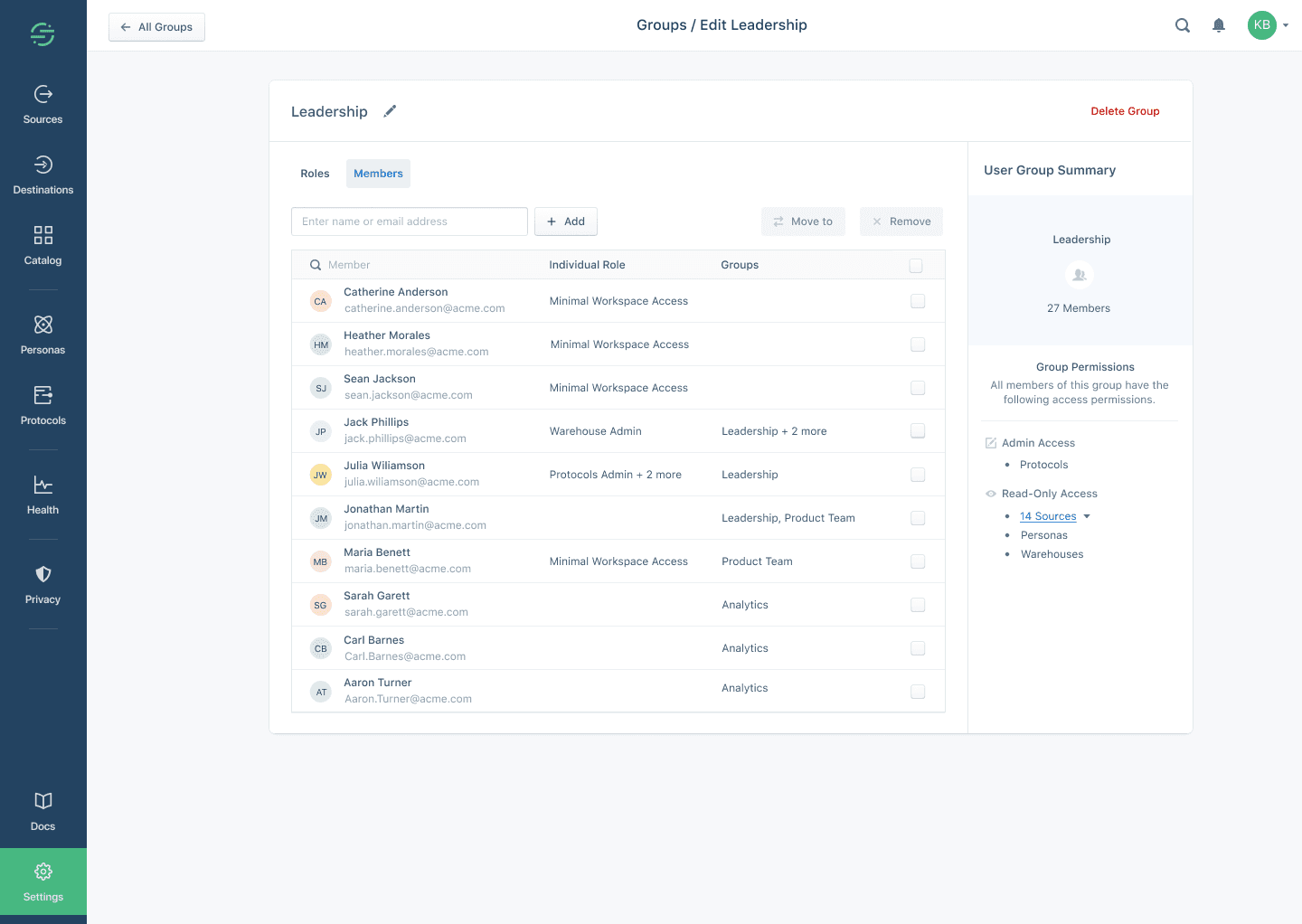 Leadership page with Members tab showing user roles and groups.