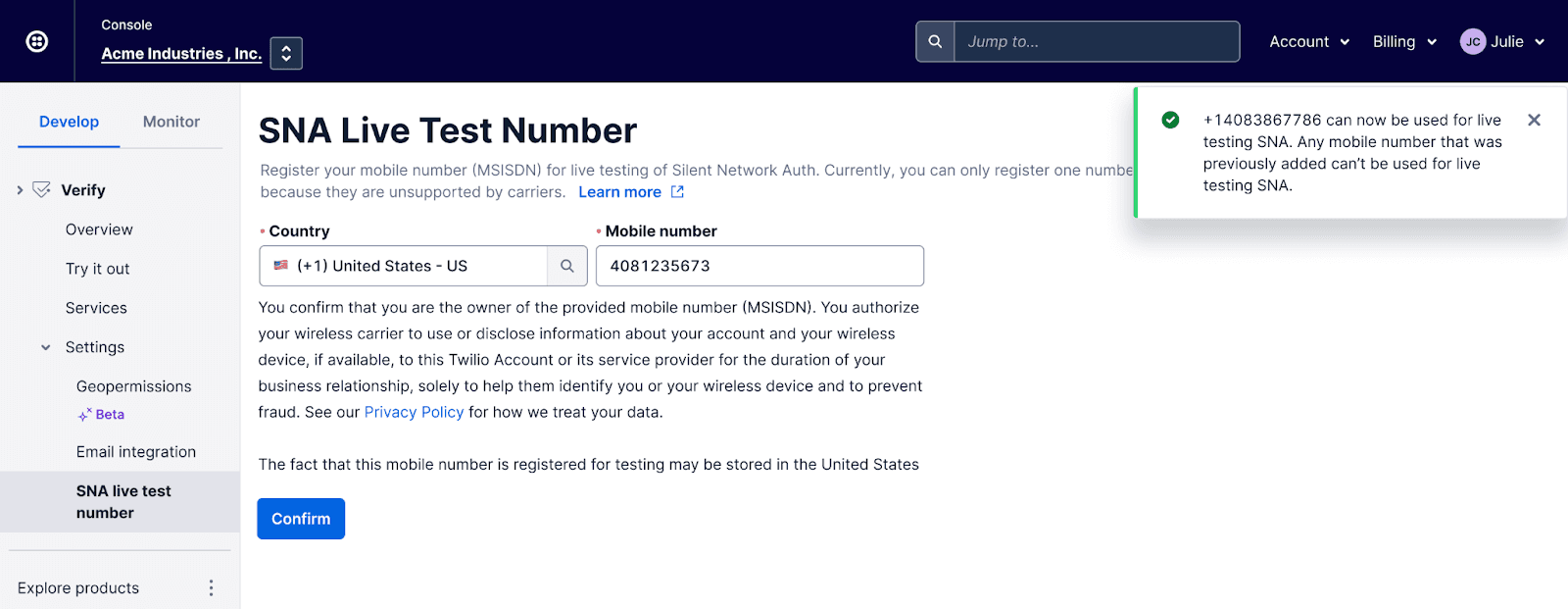 Form to register a mobile number for SNA live testing with country selection and confirmation message.