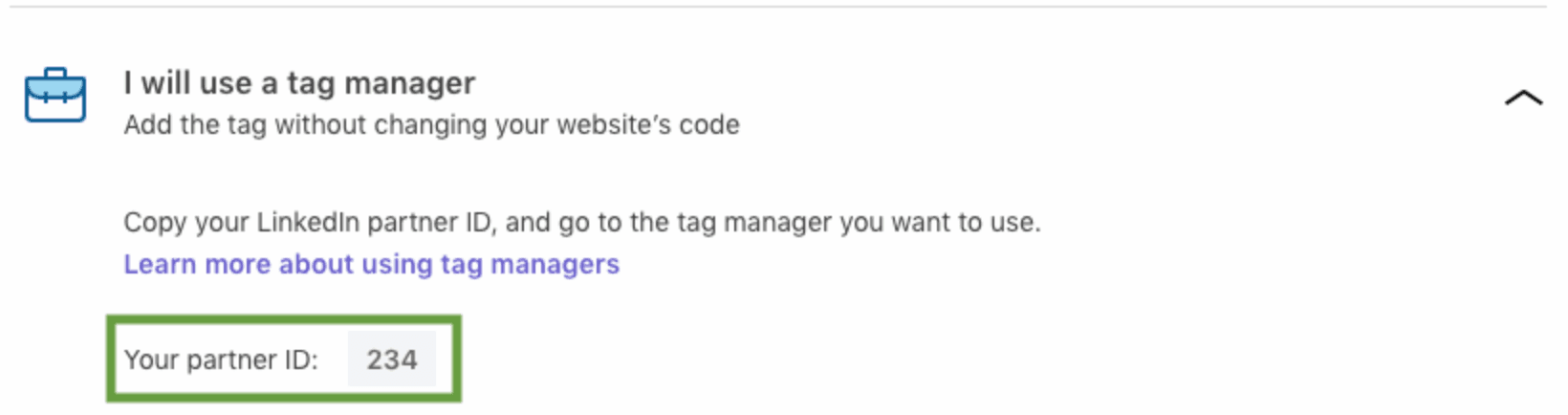 Instructions to use a tag manager with LinkedIn example partner ID 234 highlighted.