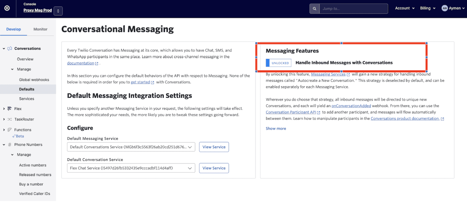 Twilio console showing messaging features and default messaging integration settings.