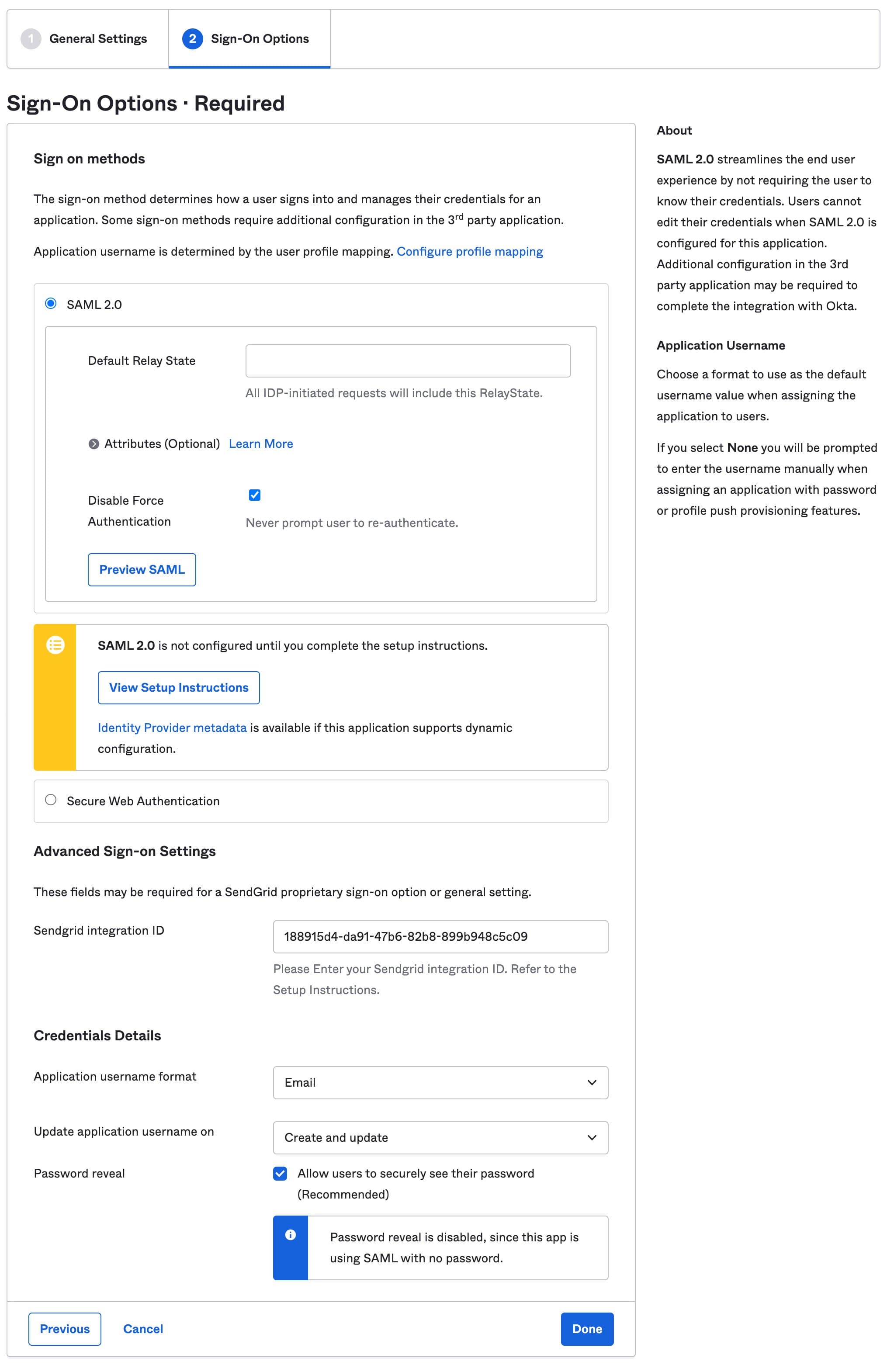 The complete SAML 2.0 configuration setup in Okta.