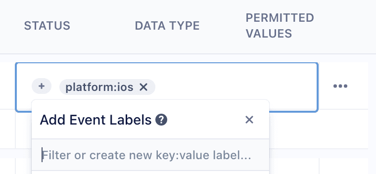 Event labels search bar with 'platform:ios' tag and filter prompt.
