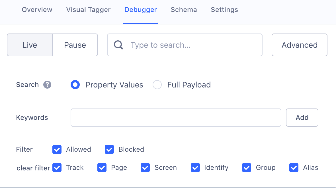 Debugger view with advanced options for property values and filters like track, page, and screen.
