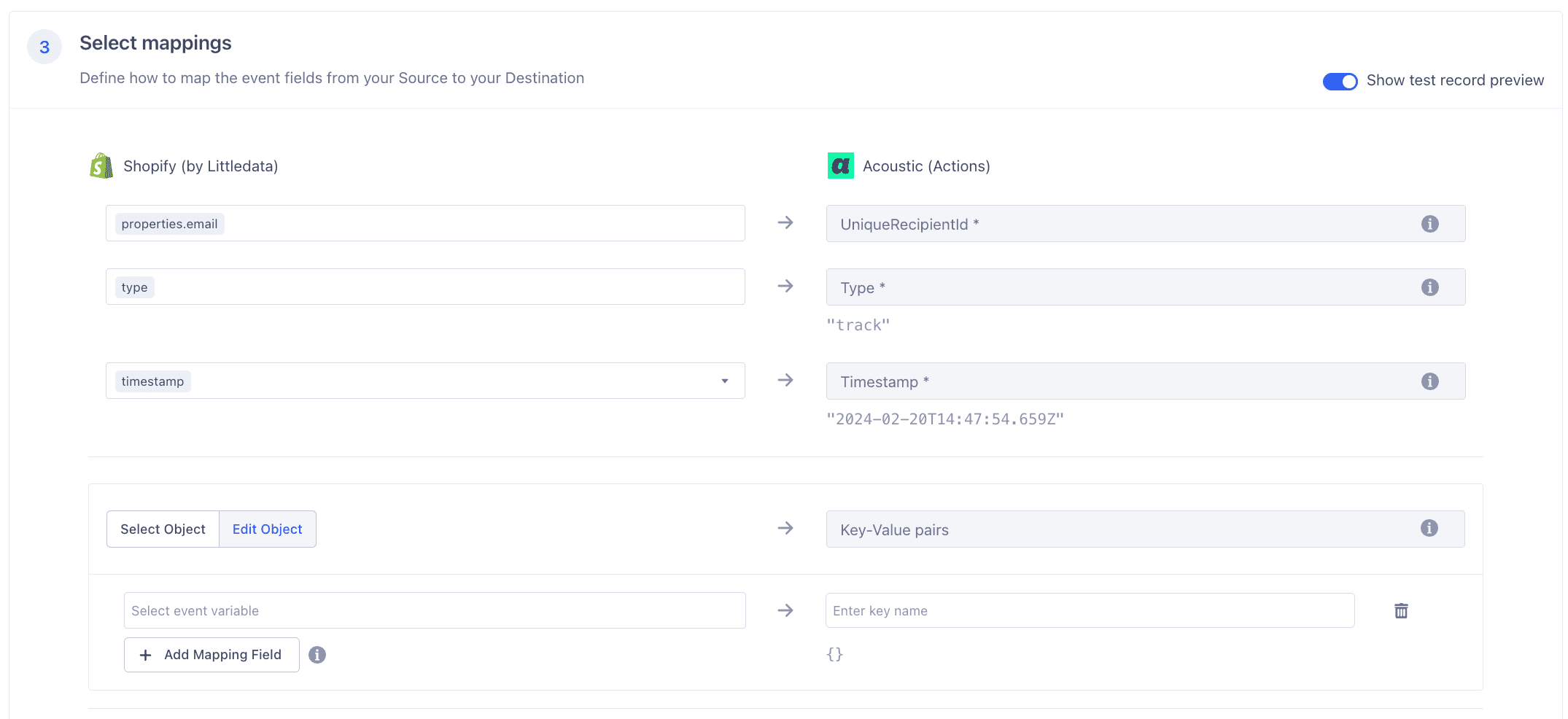 Segment UI Select Mappings window showing Shopify to Acoustic field mappings.
