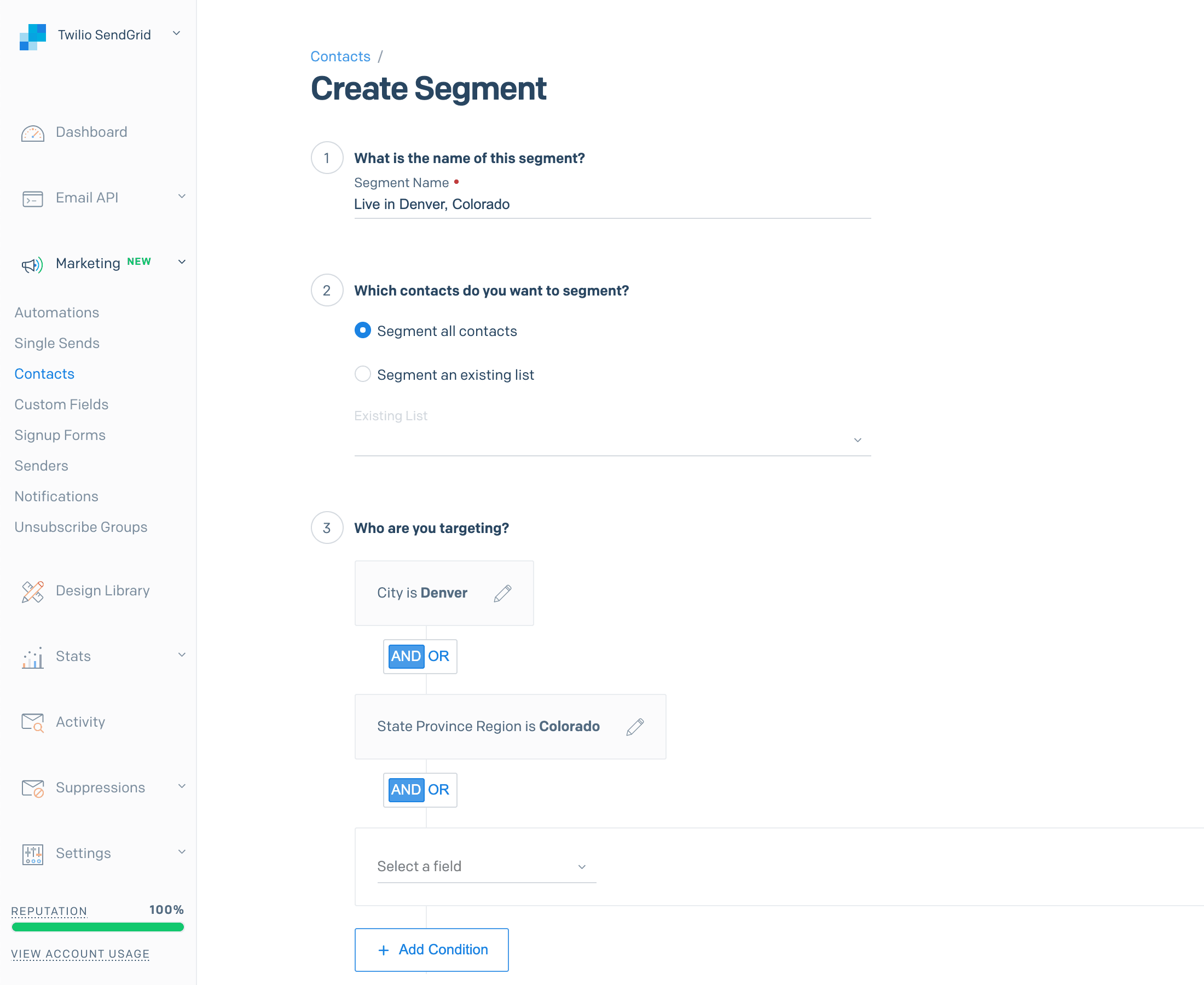 The segment builder inside Marketing Campaigns, displaying a new segment with a City condition set to 'Denver' and a State, Province, Region condition set to 'Colorado'.