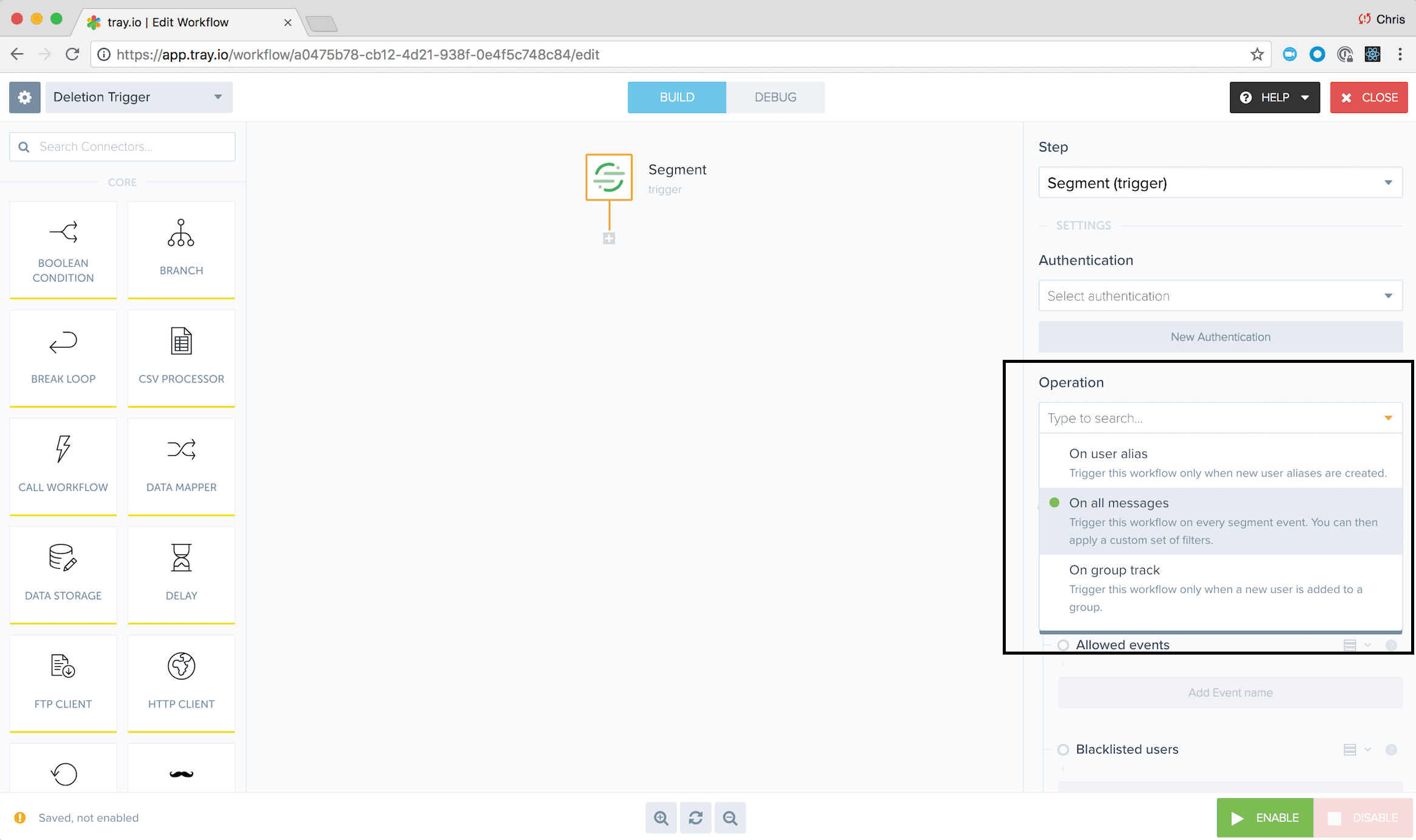 Tray.io workflow with Segment trigger and operation menu options highlighted.