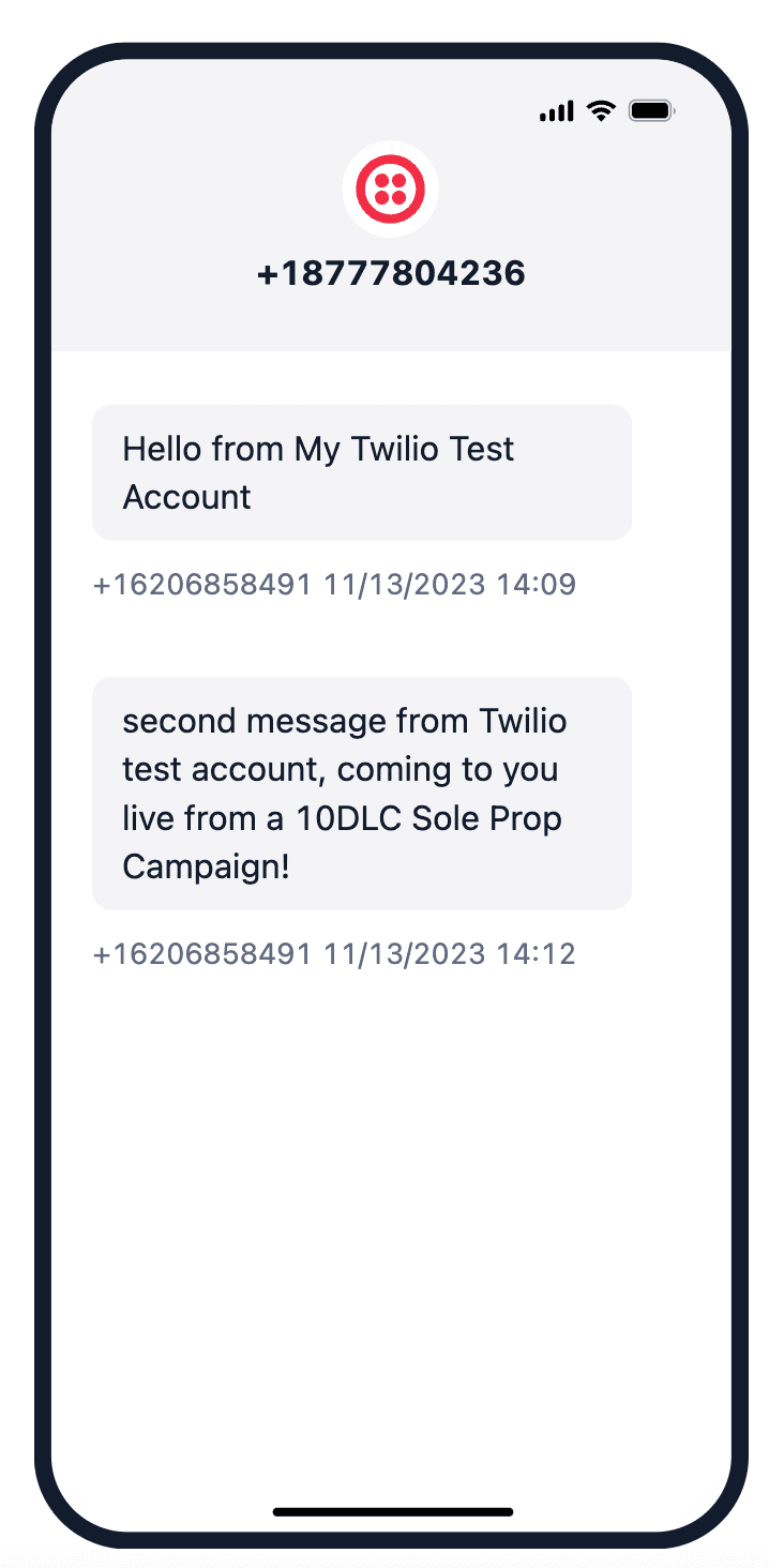 Virtual Phone screen displaying two messages.