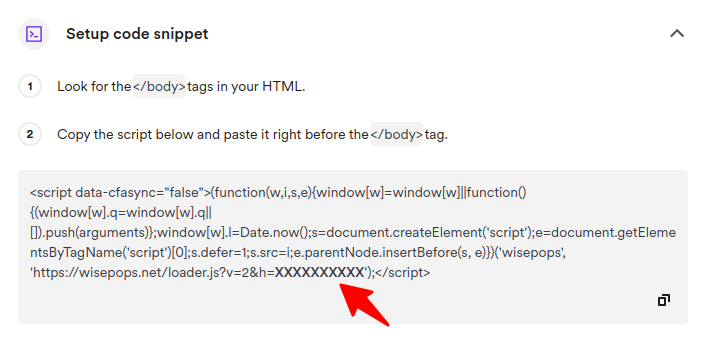 HTML script snippet for Wisepops setup with highlighted hash parameter.