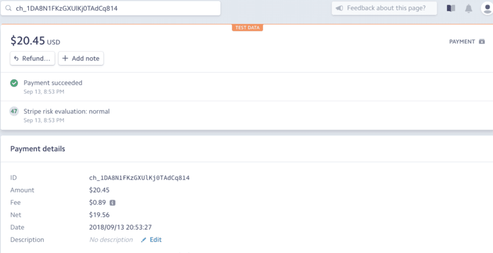 Stripe payment of $20.45 succeeded with normal risk evaluation on Sep 13, 8:53 PM.