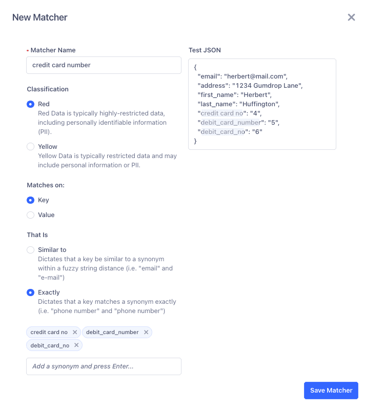 A synonym in the Custom Matcher page.