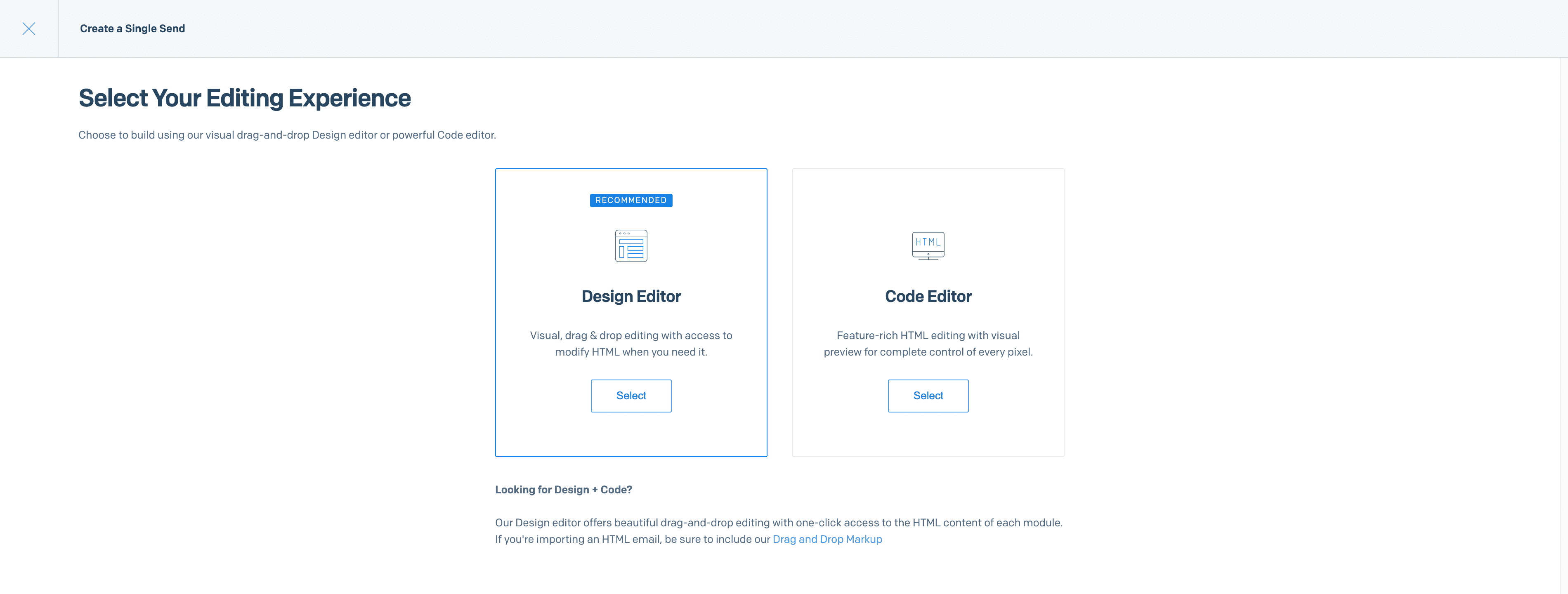 A window displaying two large boxes as editor options, the Design Editor or the Code Editor.