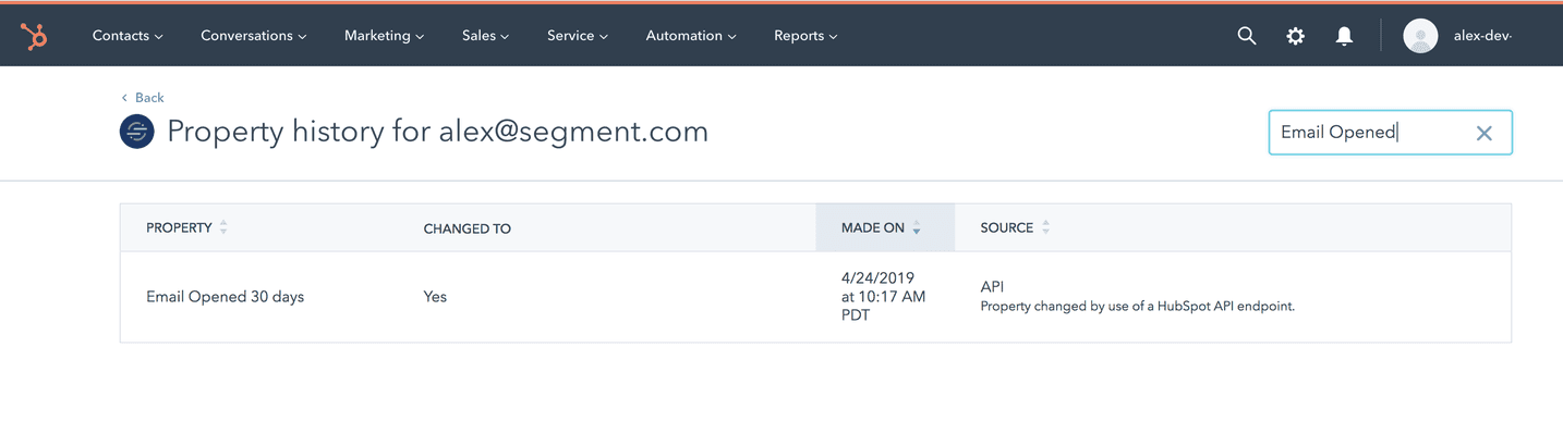 Property history for alex@segment.com showing email opened status changed to yes on 4/24/2019 via API.