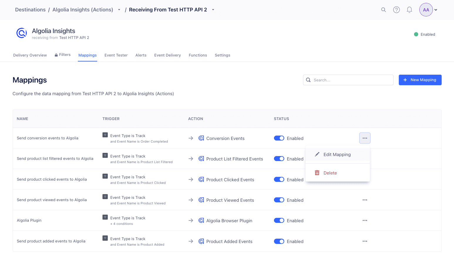 Algolia Insights mappings tab showing data mapping configurations with actions and status toggles.