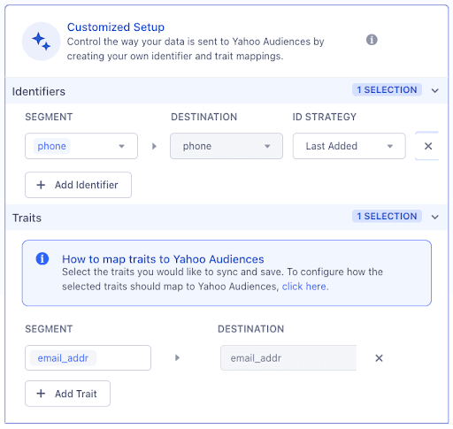 Customized setup for Yahoo Audiences with identifiers and trait mappings, showing advertising and device type traits.
