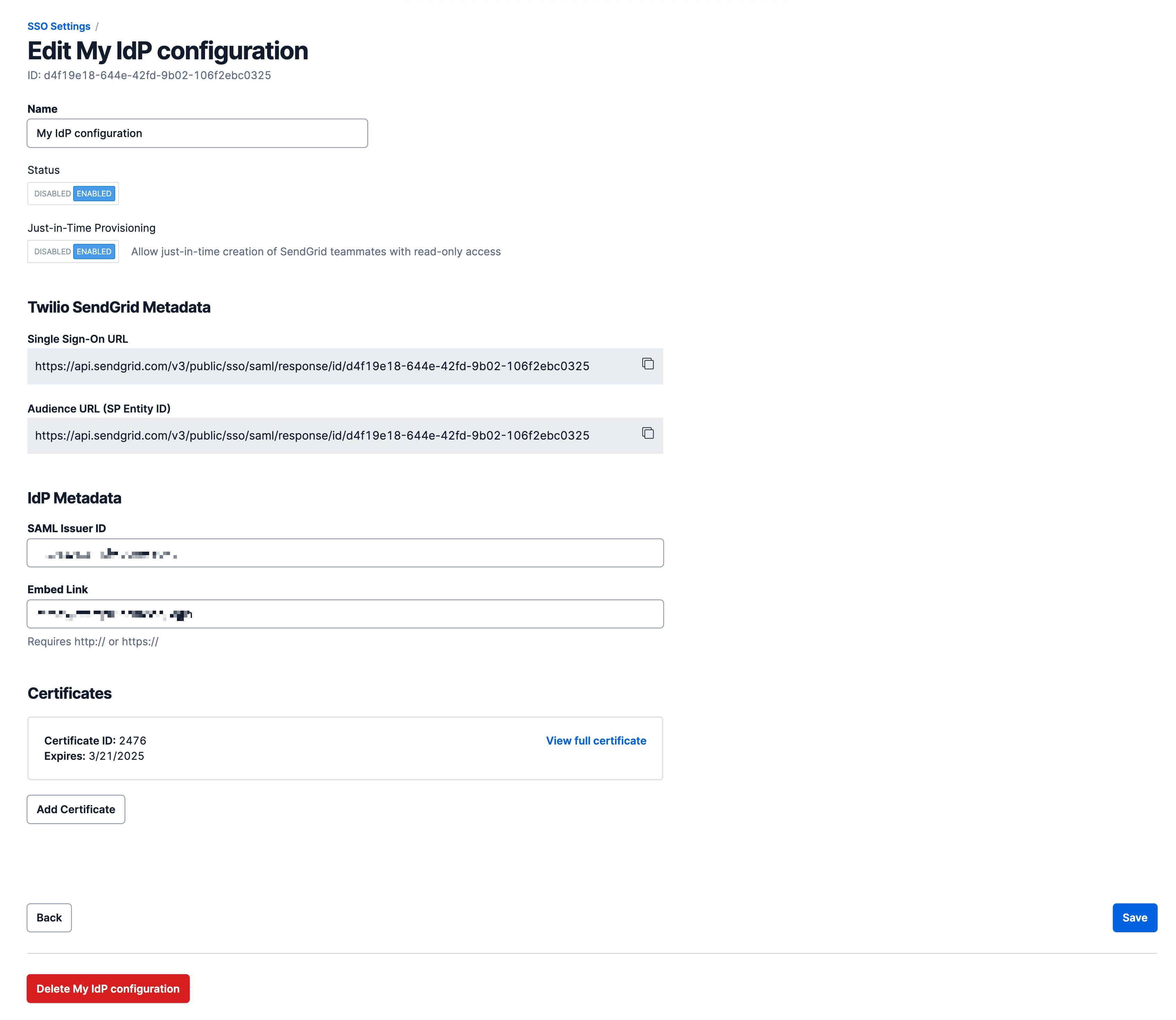 Edit a Twilio SendGrid IdP configuration.
