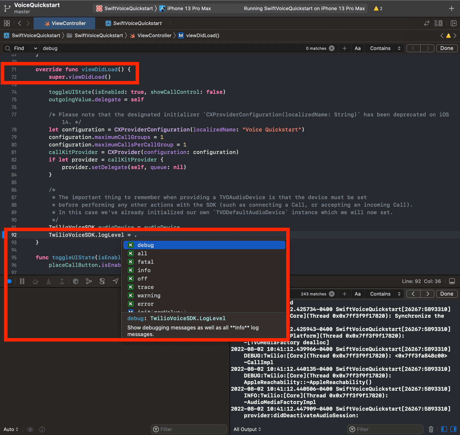 Xcode showing VoiceQuickstart project with TwilioVoiceSDK log level set to debug.