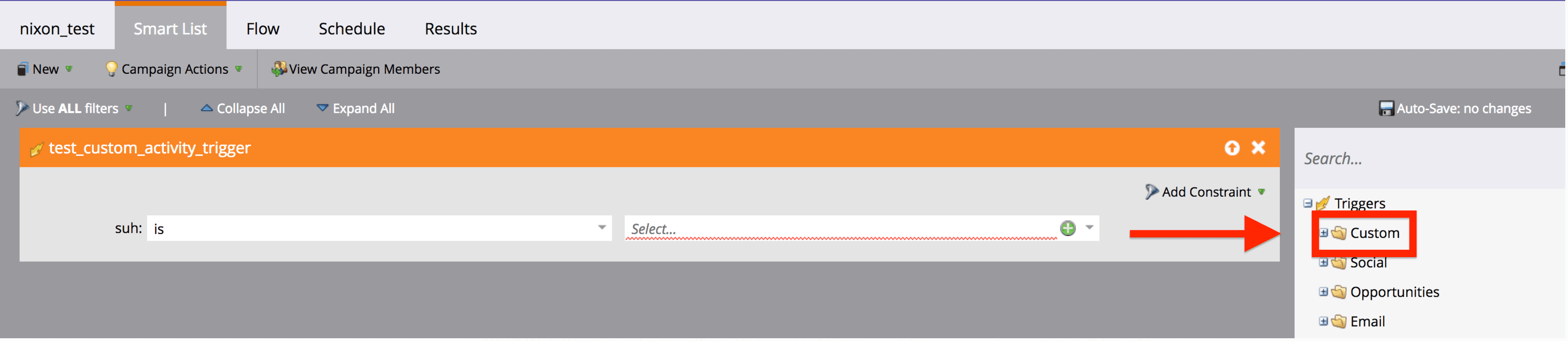 Marketo Smart List tab showing a custom activity trigger with a filter set to 'is'.