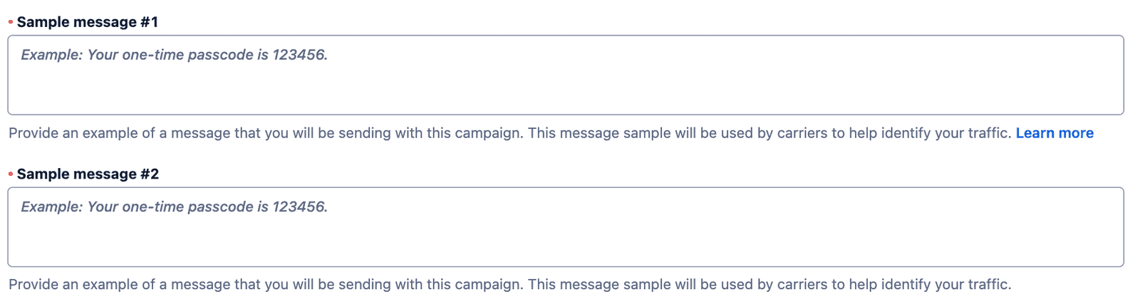 Two sample messages with example passcode 123456 for campaign identification.