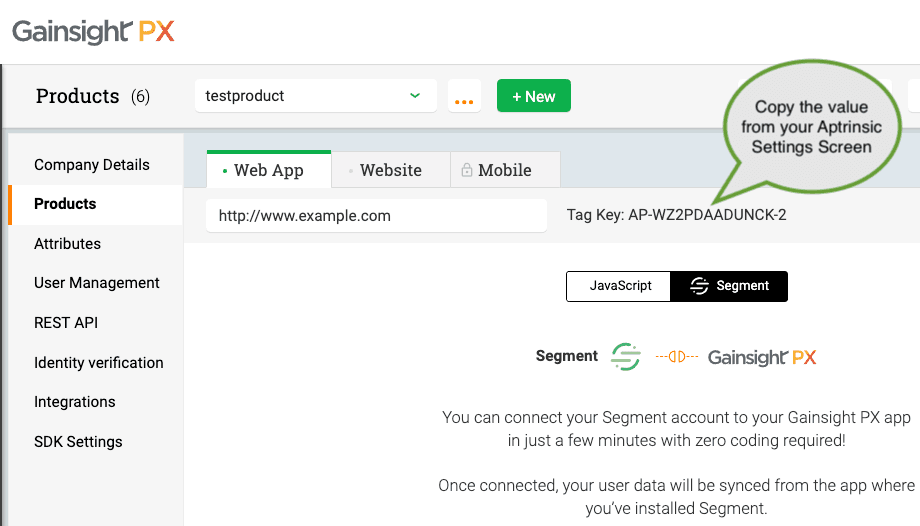 Gainsight PX Products tab with callout to copy Tag Key from Aptrinsic Settings Screen.