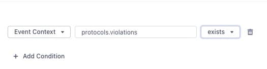 Slack Actions screen showing condition 'Event Context protocols.violations exists'.