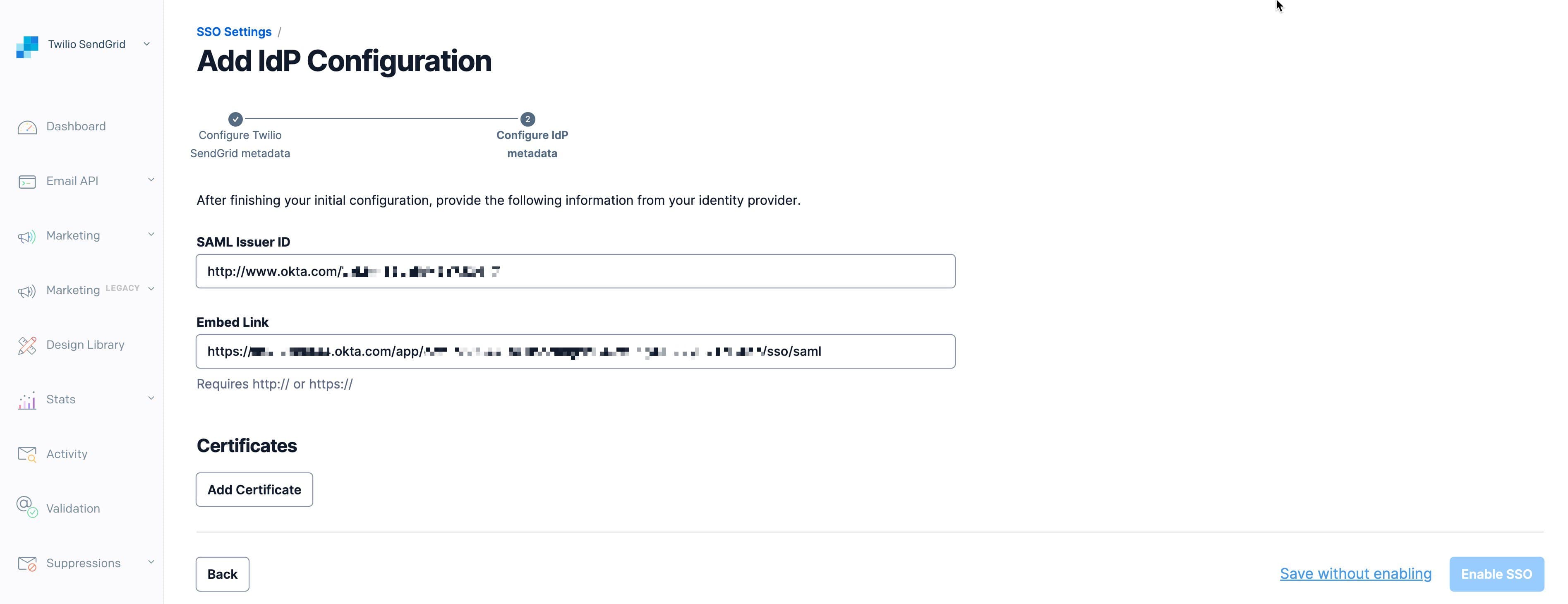 The Twilio SendGrid App's IdP Configuration page.