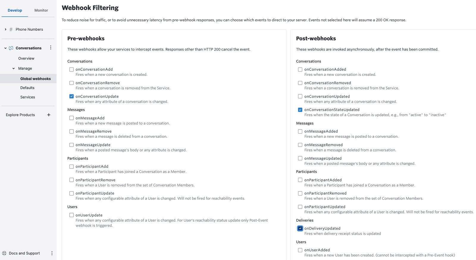 Webhook filtering options for pre and post events with checkboxes for conversations, messages, participants, and users.
