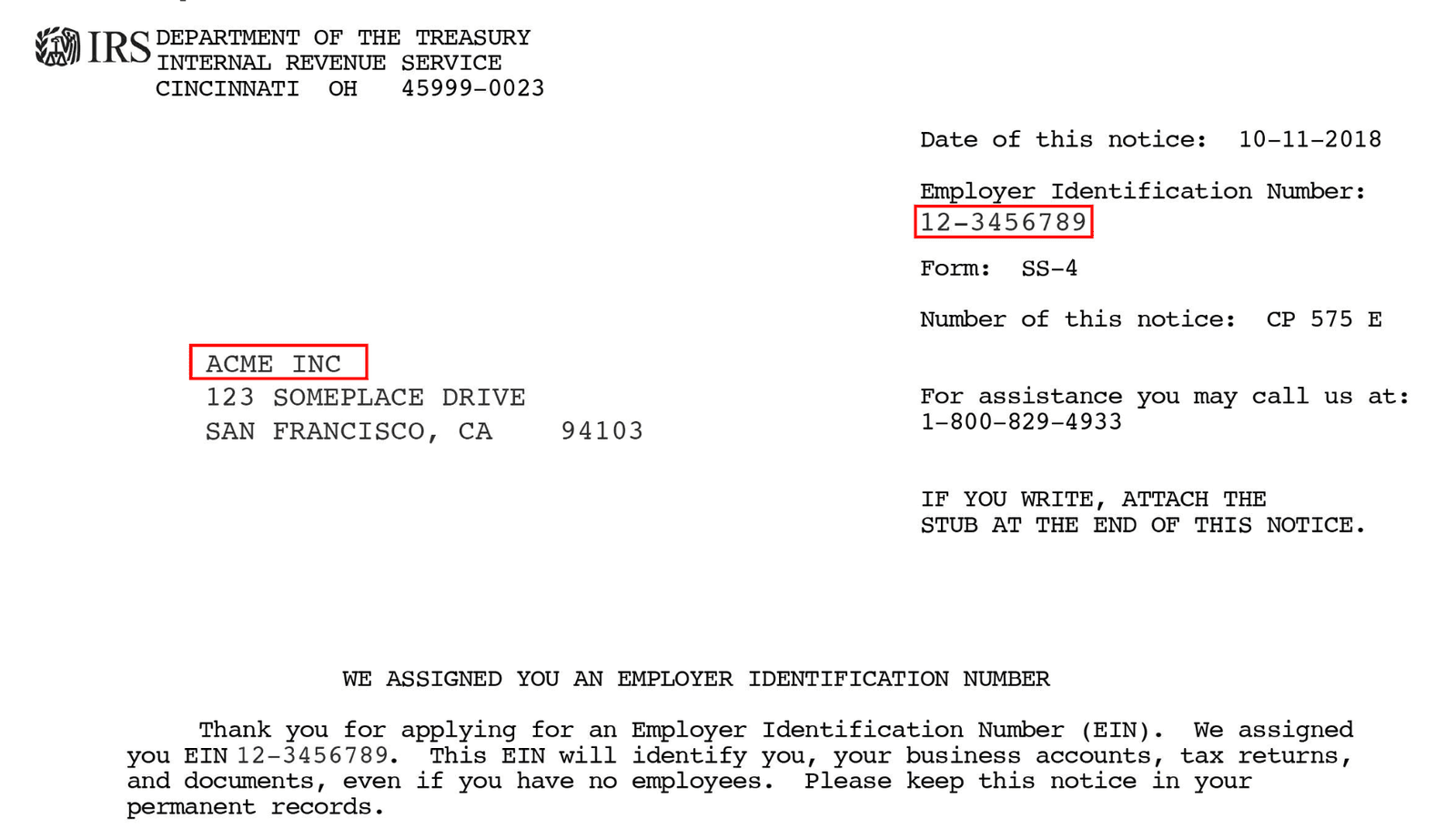 IRS letter with EIN 12-3456789 assigned to Acme Inc at 123 Someplace Drive, San Francisco, CA.