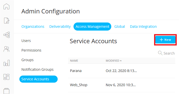 Admin configuration screen showing service accounts with a highlighted 'New' button.