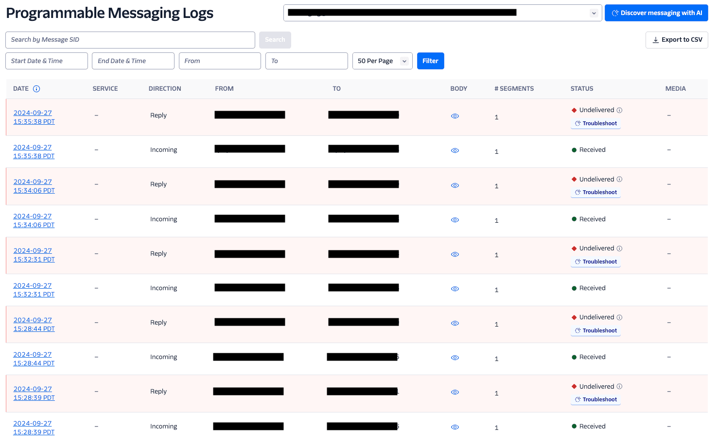 Messaging logs showing date, service, direction, status, and troubleshoot links.