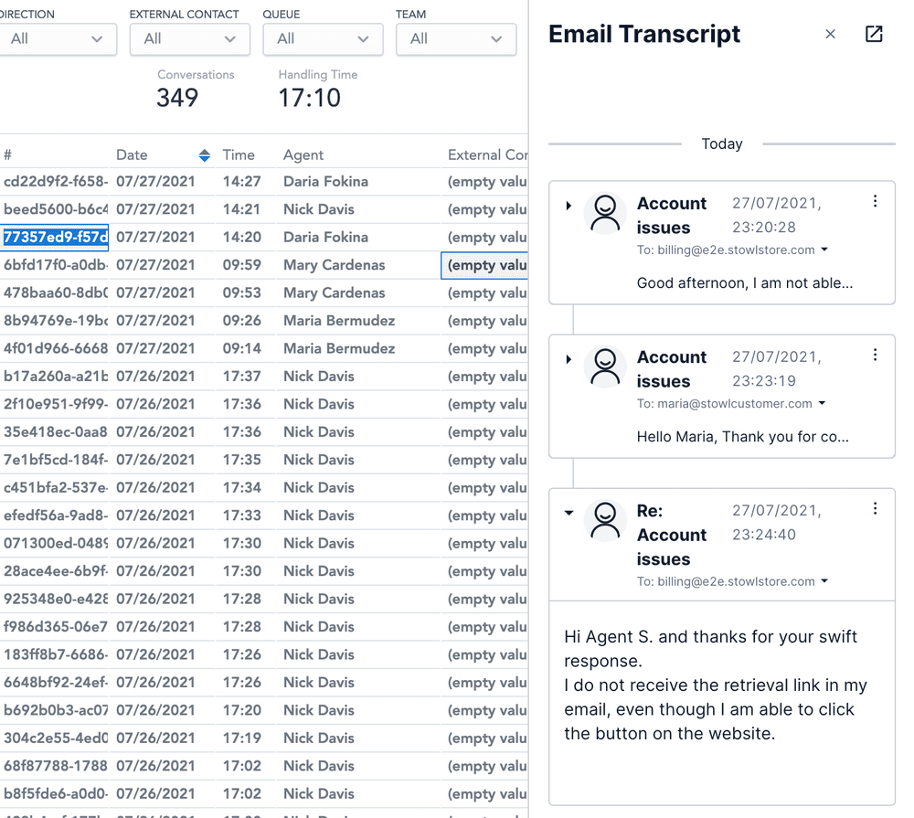 Email dashboard showing conversation list and transcript with account issues.